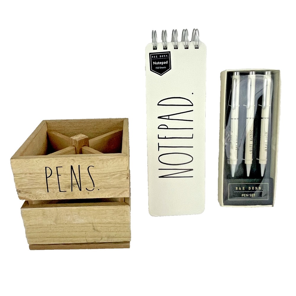 Rae Dunn Notepad and Pen Set with Wooden Desk Organizer